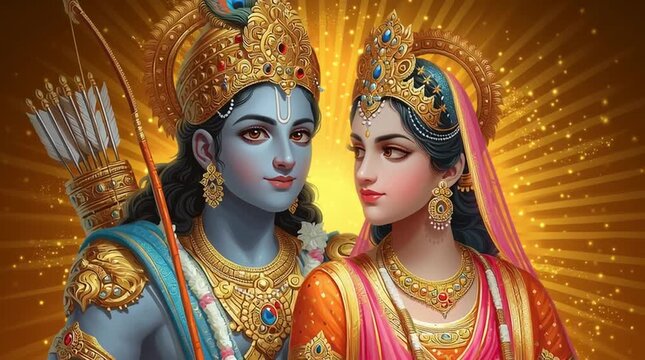 Epic Hindu myth &mdash; Lord Rama and Goddess Sita united, radiant aura and golden arrows symbolizing victory