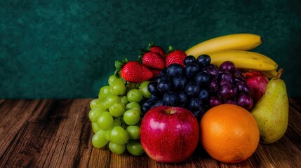 A vibrant assortment of fresh fruits, including apples, grapes, strawberries, and bananas, showcases their natural colors against a textured green background