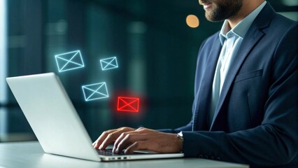 Business technology action man in suit typing on laptop with glowing neon email icons and red notification alert modern office environment conceptual visualization