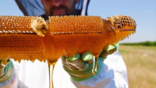 A beekeeper holds a dripping honeycomb frame under a clear sky in a field, concept of natural beekeeping
