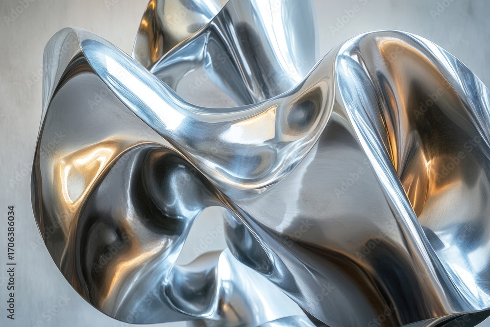 Poster abstract metallic sculpture with flowing, polished surfaces reflecting light, creating a dynamic and