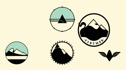 Several minimalist circular logos and an emblem featuring mountains and geometric shapes, displayed on a light background.