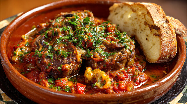  Tasting succulent osso buco dish in a rustic Italian tavern 
