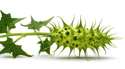 A close-up of a unique, spiky green pod with foliage, suitable for nature-themed projects, botanical illustrations, or educational materials about plants, This captures distinct textures and colors,