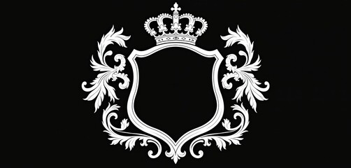 Heraldic family crest features black shield with ornate white flourishes, regal crown. Illustration, vintage design elements like banner, signs, decorative floral patterns. Emblem of nobility,