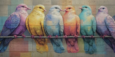 Pastel Rainbow Mural Featuring Pixel Birds on Urban Wall