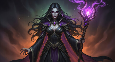 Fototapeta premium Dark fantasy sorceress holding magical purple staff, evil witch character design