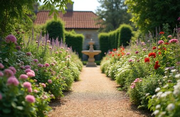 Obraz premium Pathway through English country garden, lined with colorful blooming flowers, rich green shrubs. Stone fountain visible at end of path, leading towards building with terracotta roof. Mature trees,