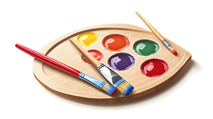 Artistic palette with wooden design featuring colorful paints and brushes