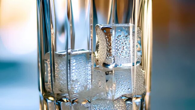 Close-up of collins spears glass with riedel drink specific rocks ice cubes inside against blurred background. Concept for refreshing drink advertisement