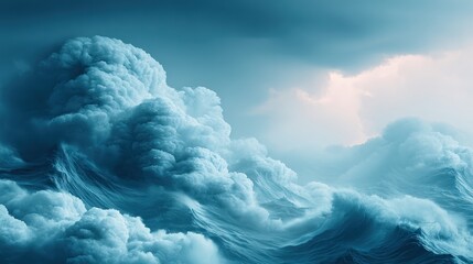 Naklejka premium A serene ocean scene featuring dramatic waves and clouds against a soft blue background, Ideal for use in nature-themed projects, water sports promotions, or calming dÃ©cor,