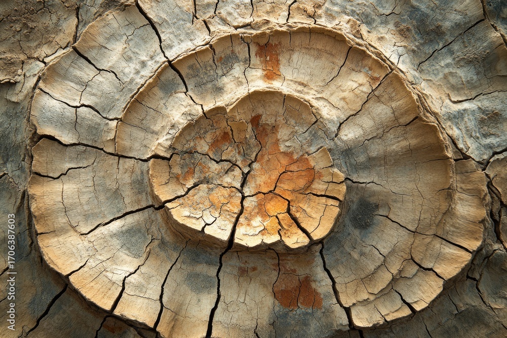 Aufkleber close-up of a weathered tree trunk showing concentric rings and deep cracks.