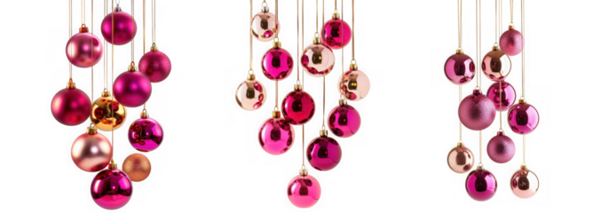 A collection of pink and gold christmas baubles hanging in clusters, isolated on transparent background