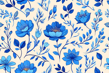 Seamless pattern of blue watercolor flowers and leaves on a cream background