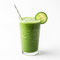 Illustration of refreshing green smoothie with cucumber and straw isolated on white background, healthy drink