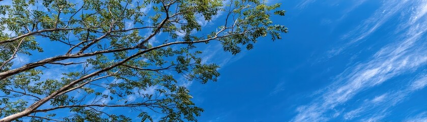 Obraz premium A vibrant tree branch with lush green leaves stretches across a clear blue sky, creating a serene atmosphere, This photo is perfect for nature-themed projects, environmental campaigns