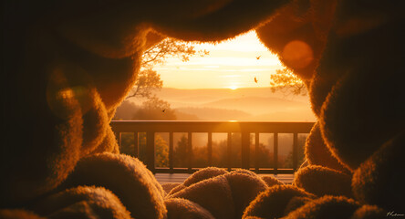 Cozy and Warm Perspective from a Soft, Fluffy Interior, Gazing at a Breathtaking Golden Sunrise over a Tranquil, Misty Mountain Landscape with Birds Soaring