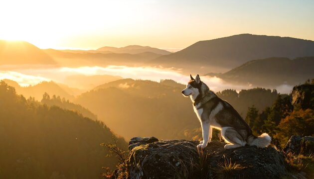 Husky dog on mountaintop at sunrise