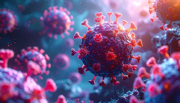 Close-up view of numerous virus particles