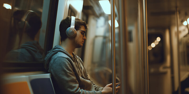 Young man with headphones leaning against subway window, holding smartphone. Relaxed commuter enjoying music on underground train during evening ride