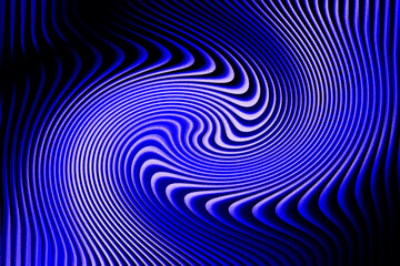 Illustration of abstract swirling pattern of blue and white lines on black background