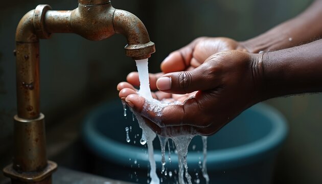 Dark-skinned person washes hands under rusty faucet. Water flows into cupped palms, emphasizing hygiene, cleanliness. Focus on hand washing for health, protection against illness. Global sanitation,