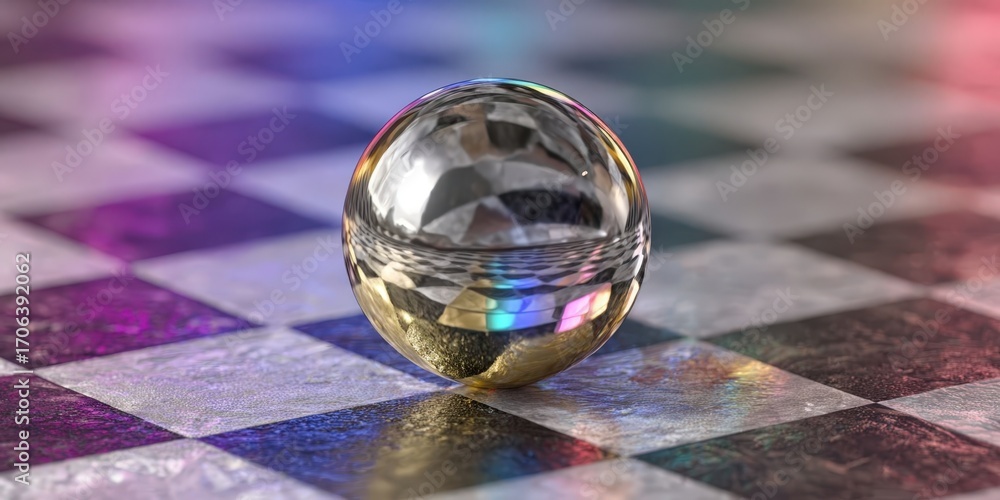 Poster reflective sphere on checkerboard floor with neon gradient background