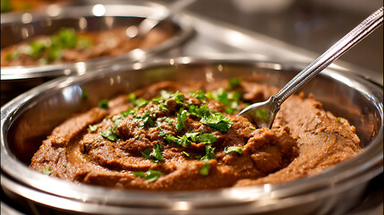  A close up view of a serving of refried beans from a Mexican buffet (2)