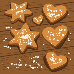 Gingerbread cookies with stars and hearts on rustic wooden table, holiday baking nostalgia.