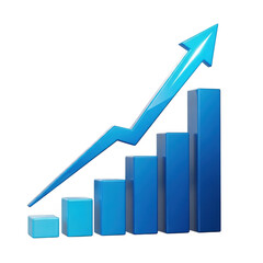 Blue arrow graph shows upward trend increasing business growth and financial success transparent background
