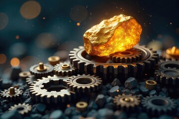 A shimmering golden nugget rests atop a pile of diverse gears and cogs, symbolizing the precious potential of innovative ideas and their complex mechanisms , technology, shine