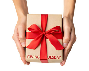 Hands hold a giving tuesday gift box wrapped with a red ribbon and bow ready for donation isolated on transparent background