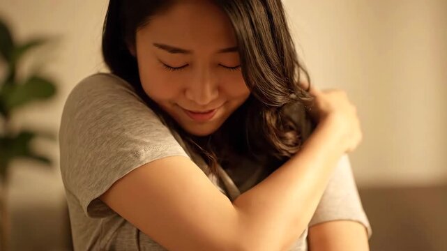 Serene young Asian woman with dark hair gently hugging herself with a peaceful smile in a warm, cozy room
