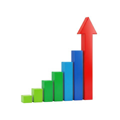 3d bar chart with rising red arrow demonstrating upward trend and financial growth transparent background