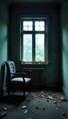 A shattered window, a broken chair, and scattered debris litter a dark, abandoned room, evidence of a violent crime scene , insecurity, forensic, evidence