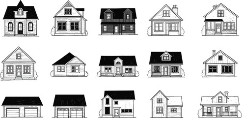 Black and white house icons, residential architecture, vector illustration, building design, home styles, real estate, urban planning, roof shapes, facade, sketch