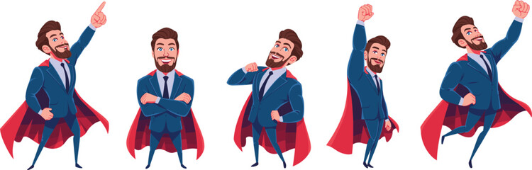 Business superhero character, confident man in suit, red cape, cartoon illustration, leadership, motivation, vector pose, success, power, action © Jisan World