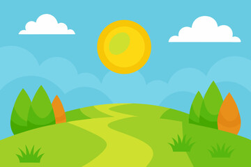 Obraz premium A sunny cartoon scene of grassy hills vector illustration