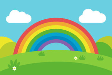 A magical cartoon scene of a grassy meadow with a rainbow vector illustration