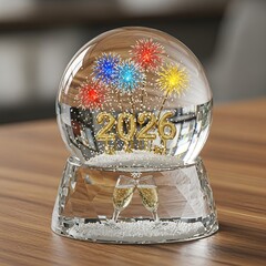 Celebrate the upcoming year 2026 with fireworks and champagne in a snow globe