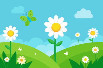 Fototapeta premium A simple cartoon illustration of a green meadow with daisies and butterflies vector illustration