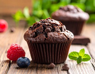 Close-up of chocolate chip muffin with fresh berries