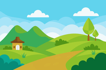 Obraz premium A cartoon illustration of a hilly countryside landscape vector illustration
