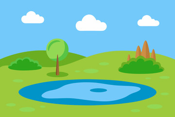 Obraz premium A cartoon grassy plain with a small pond vector illustration