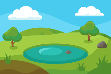 Fototapeta premium A simple cartoon illustration of a grassy plain with a small pond vector illustration