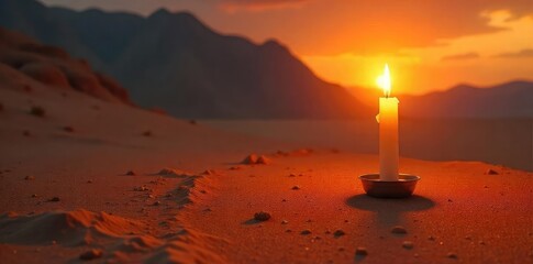 A single, flickering candle casts long shadows on a deserted, sun-baked landscape, evoking a sense of intense, desolate heat and isolation , dry, drought, darkness