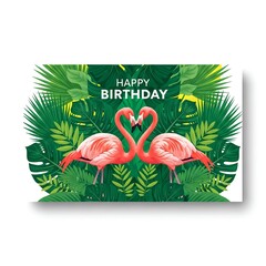 Celebrate happy birthday with exotic flamingos and tropical leaves greeting card design