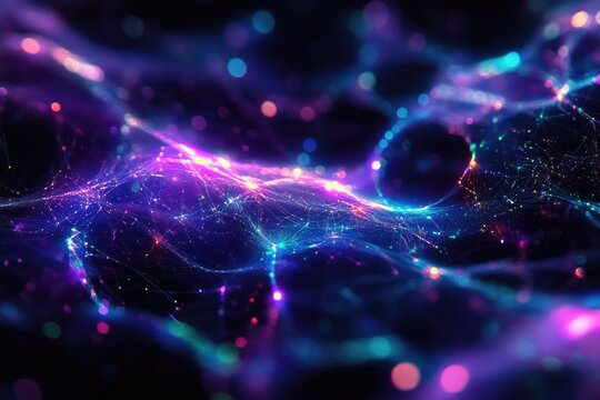 Abstract cosmic landscape with glowing nebulae, interconnected nodes, and vibrant colors.