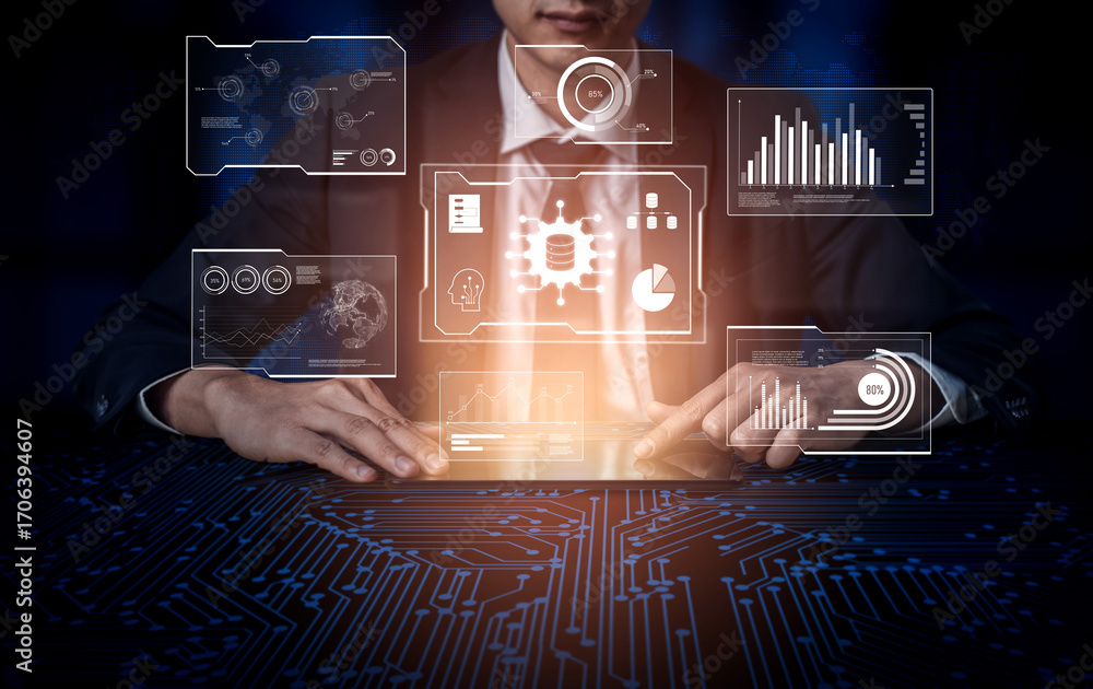 Poster big data visualization dashboard showing analytics, insights, and performance. data supports decisio