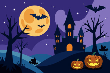 Fototapeta premium A cartoon Halloween night background with pumpkins vector illustration
